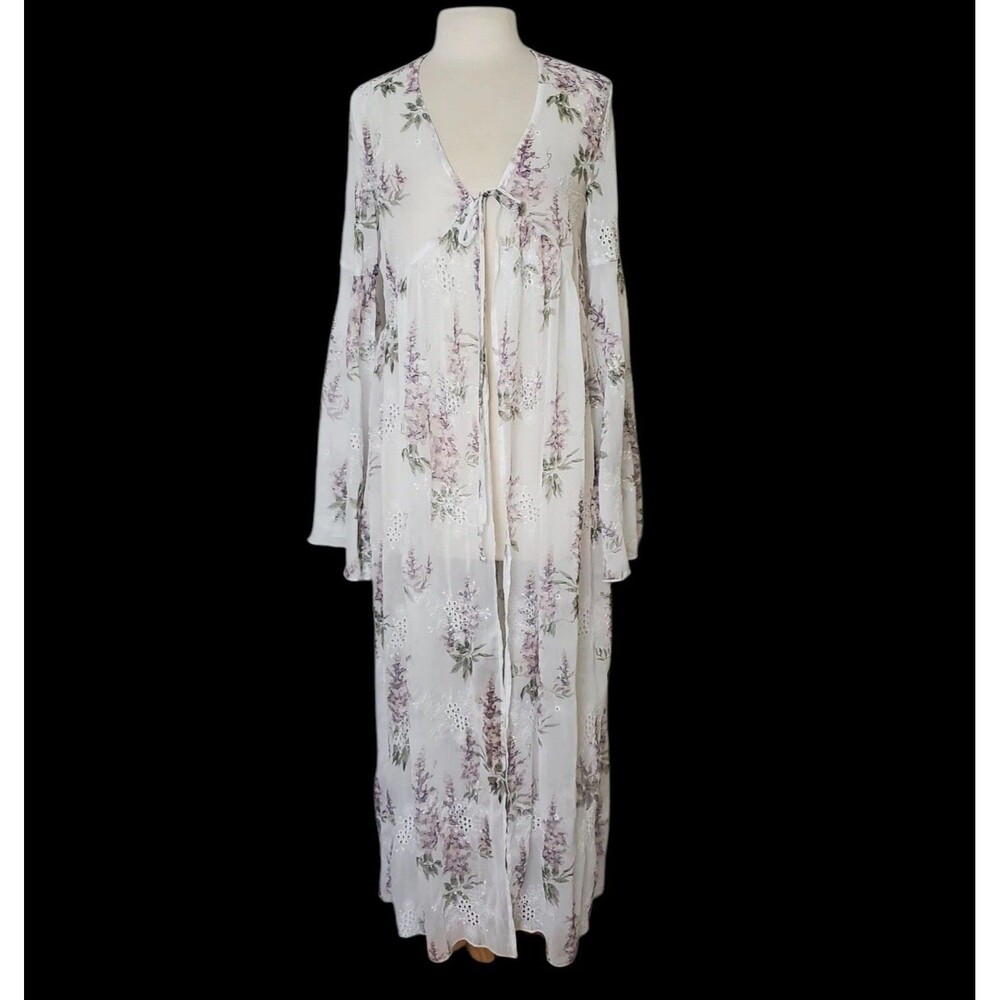 ACOA Sheer Kimono Size XS Floral Eyelet Bell Sleeve Duster Tie Front Fairy Boho